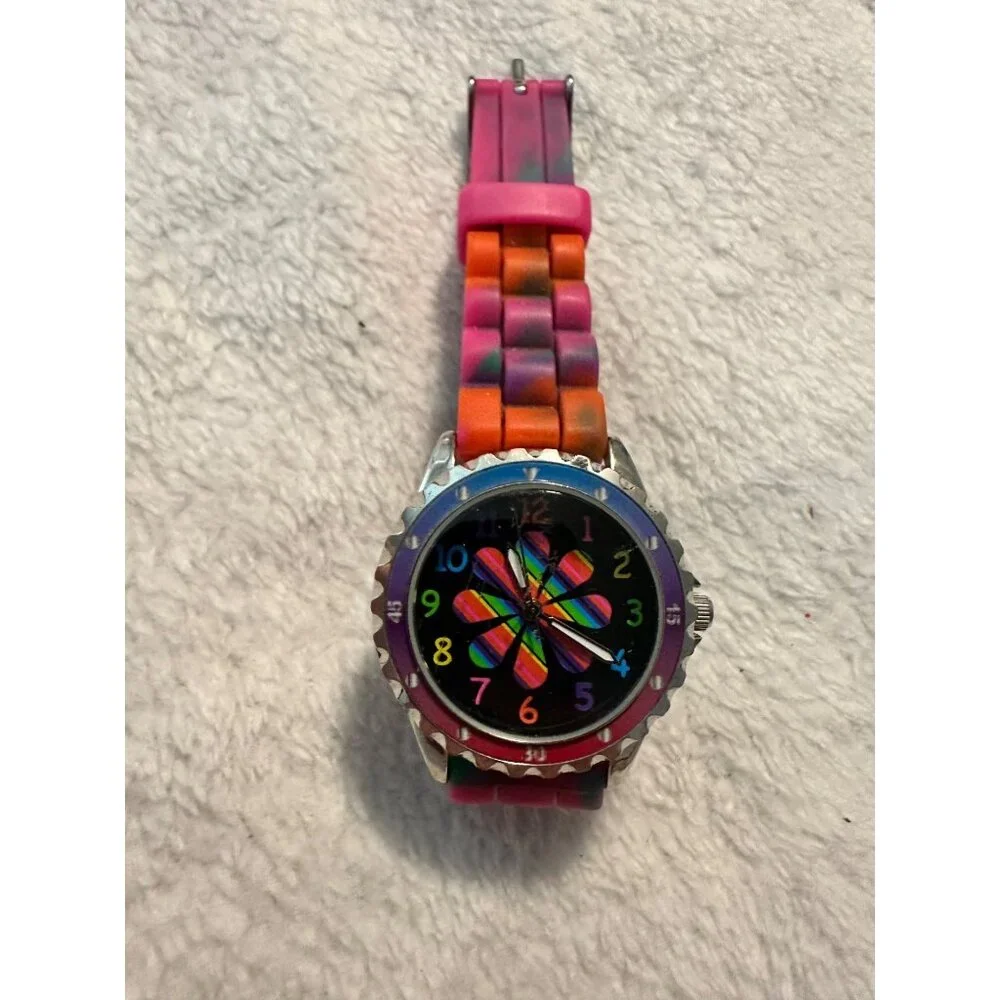 Accutime Women's Multi-color Rainbow Flower Silicone Analog‎ Quartz Watch